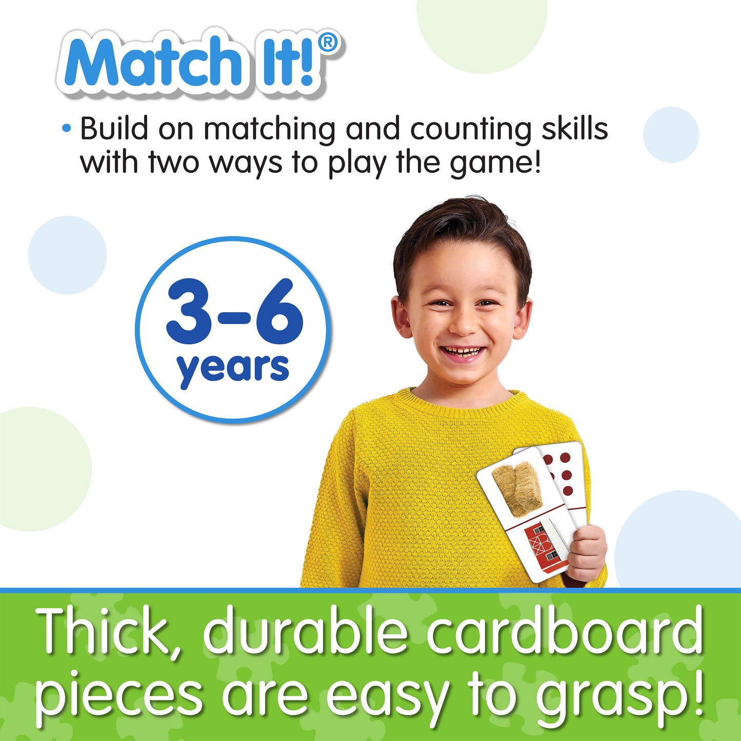 Infographic about Match It - Farminoes' features that says, "Thick, durable cardboard pieces are easy to grasp!"