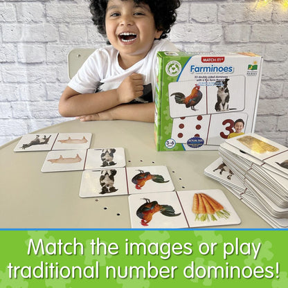Infographic of young boy playing Match It - Farminoes that says, "Match the images or play traditional number dominoes!"
