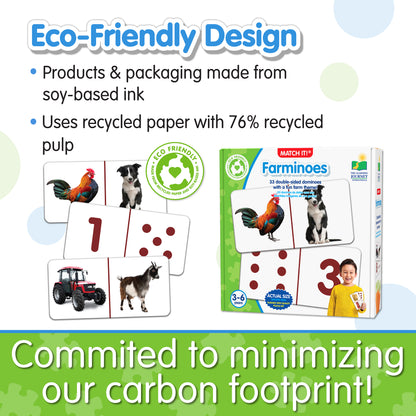 Infographic about Match It - Farminoes' eco-friendly design that says, "Committed to minimizing our carbon footprint!"