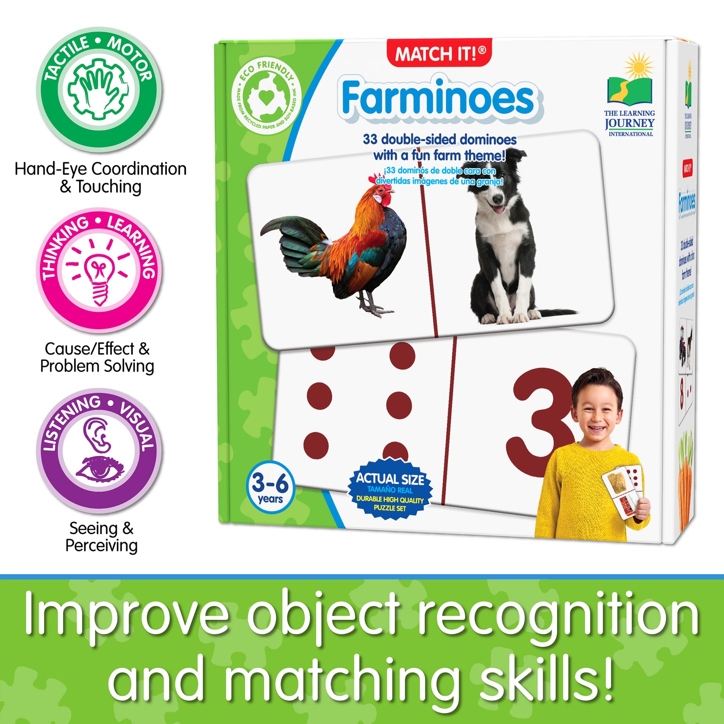 Infographic about Match It - Farminoes' educational benefits that says, "Improve object recognition and matching skills!"