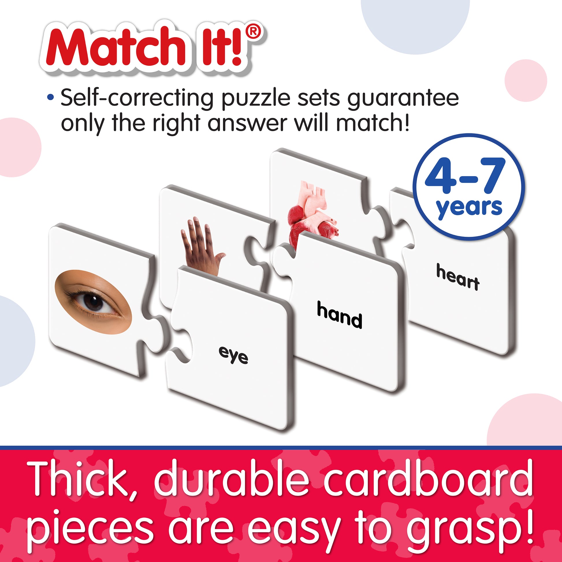 Infographic about Match It - All About Me's features that says, "Thick, durable cardboard pieces are easy to grasp!"