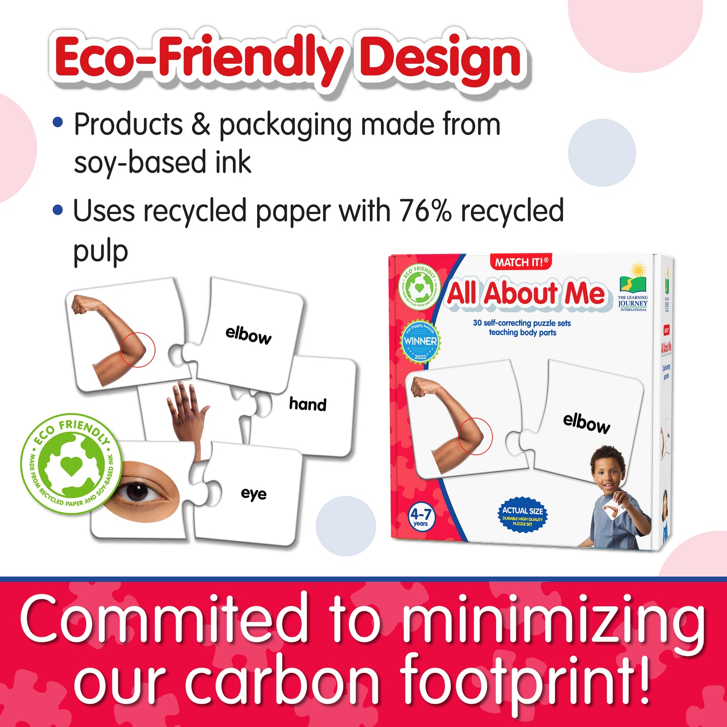 Infographic about Match It - All About Me's eco-friendly design that says, "Committed to minimizing our carbon footprint!"