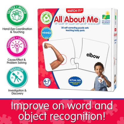 Infographic about Match It - All About Me's educational benefits that says, "Improve on word and object recognition!"