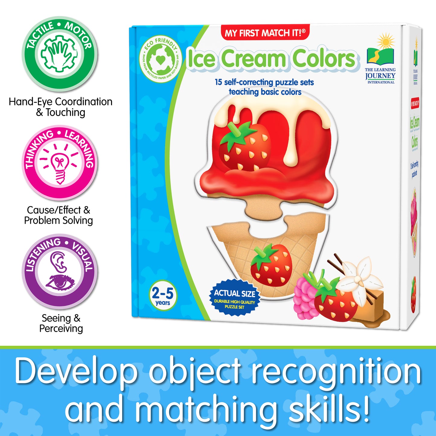Infographic about My First Match It - Ice Cream Colors' educational benefits that says, "Develop object-recognition and matching skills!"