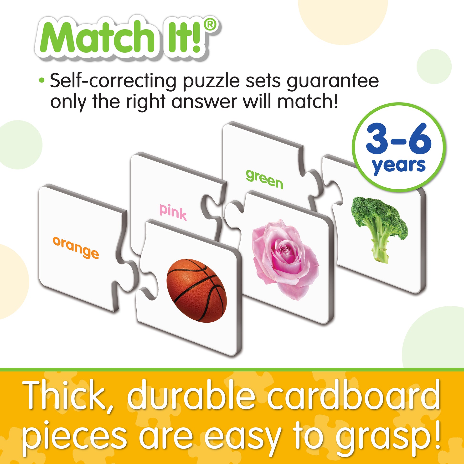 Infographic about Match It - Colors' features that says, "Thick, durable cardboard pieces are easy to grasp!"