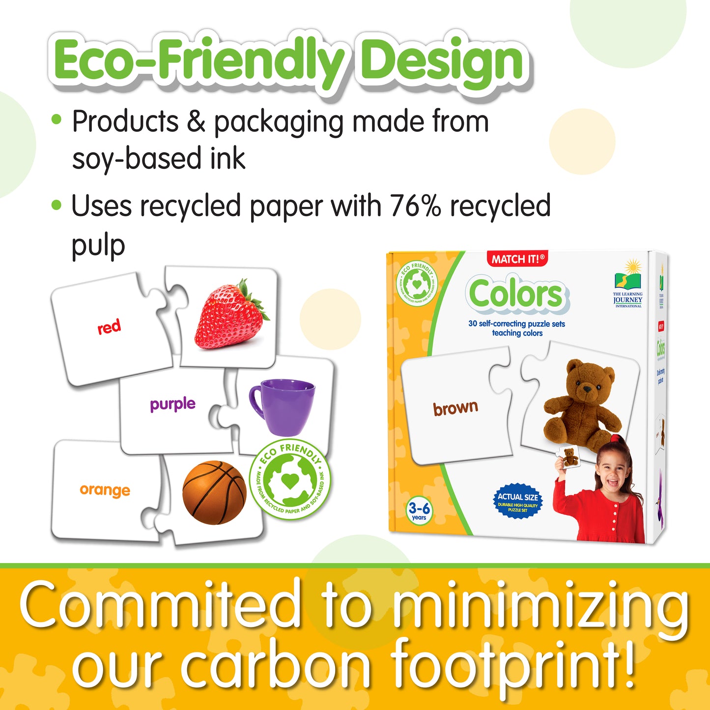 Infographic about Match It - Colors' eco-friendly design that says, "Committed to minimizing our carbon footprint!" 