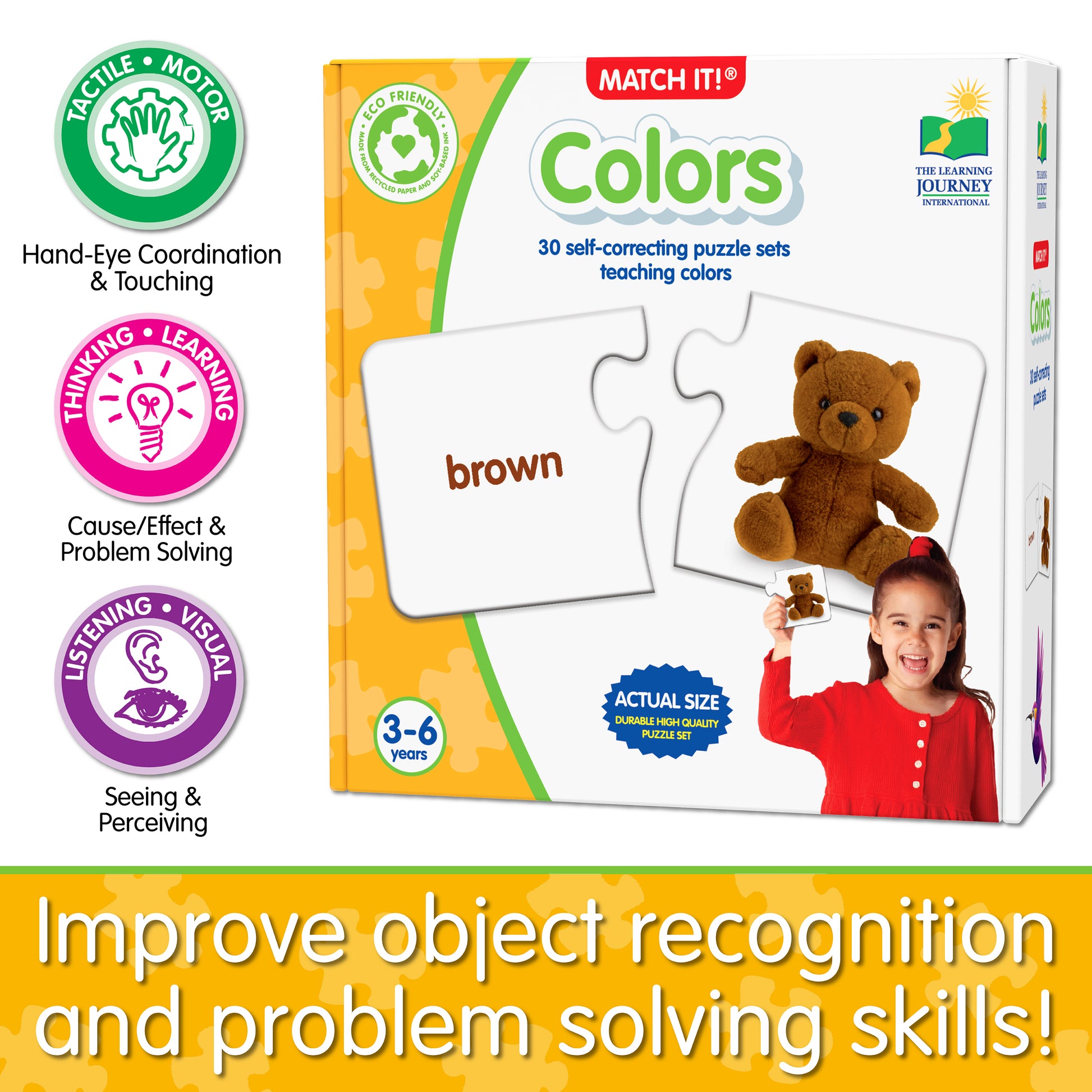 Infographic about Match It - Colors' educational benefits that says, "Improve object recognition and problem solving skills!"