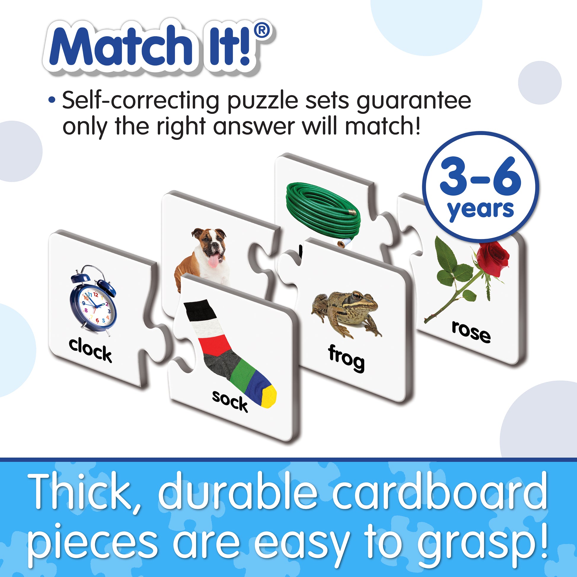 Infographic about Match It - Rhyme's features that says, "Thick, durable cardboard pieces are easy to grasp!"