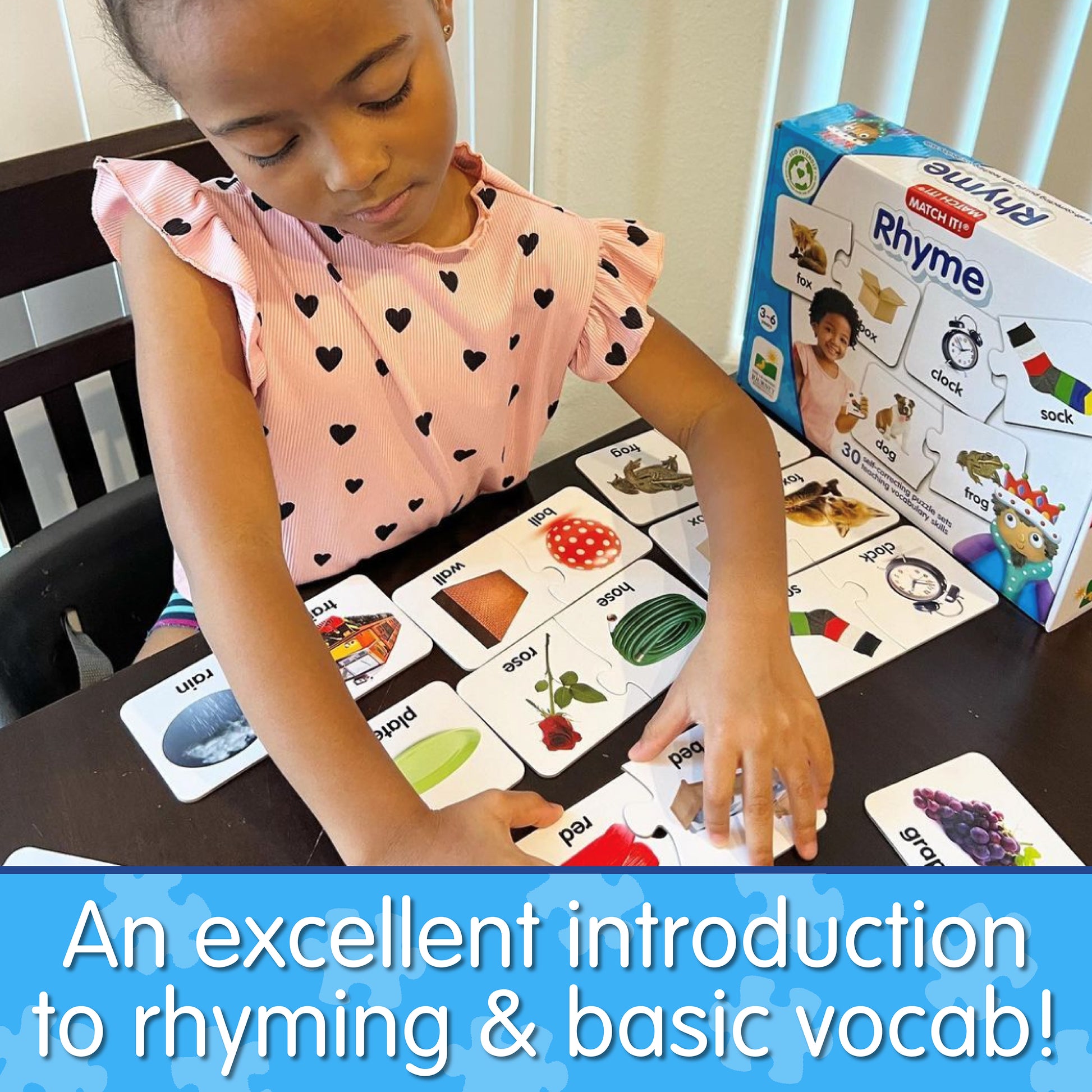 Infographic of young girl playing Match It - Rhyme that says, "An excellent introduction to rhyming and basic vocab!"