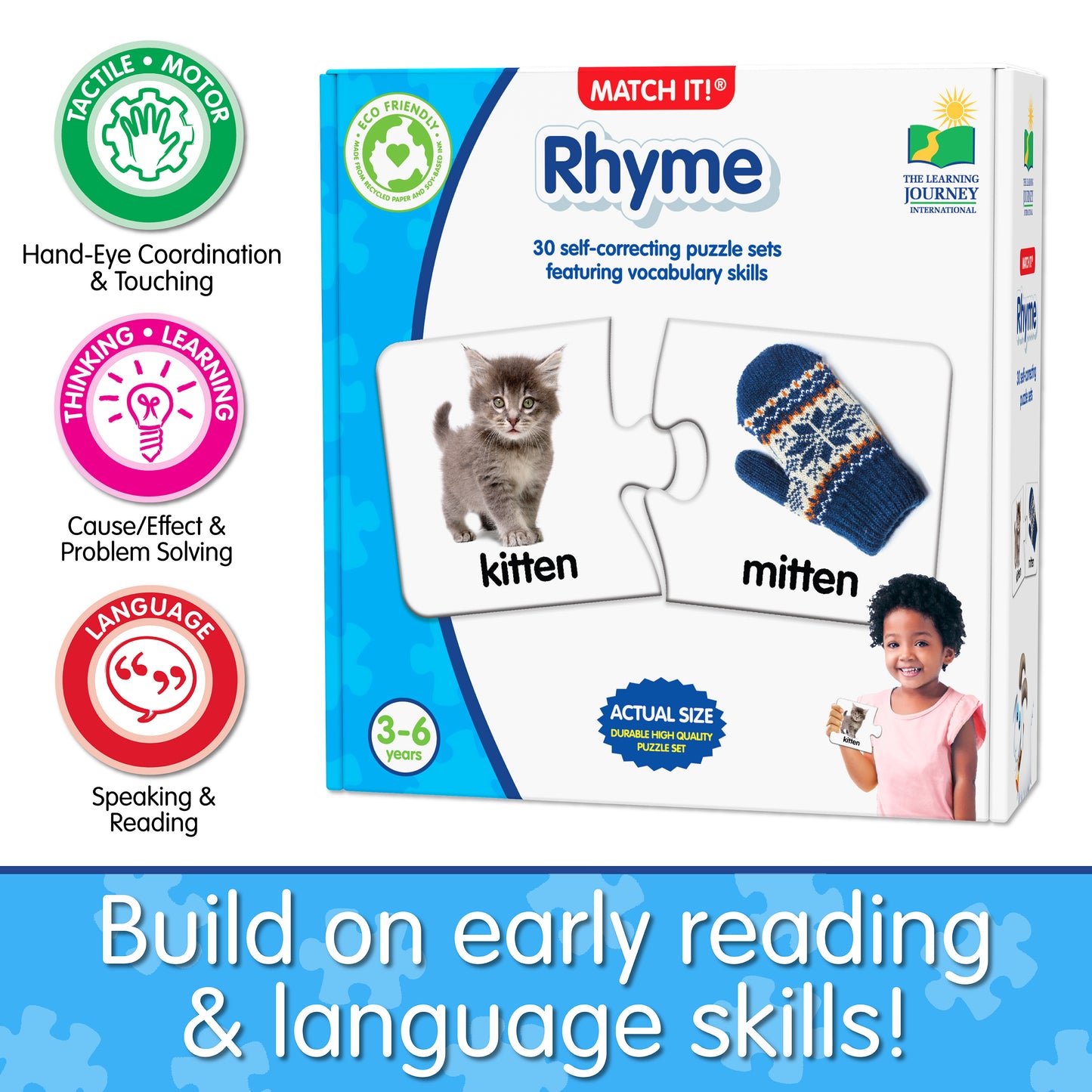 Infographic about Match It - Rhyme's educational benefits that says, "Build on early reading and language skills!"