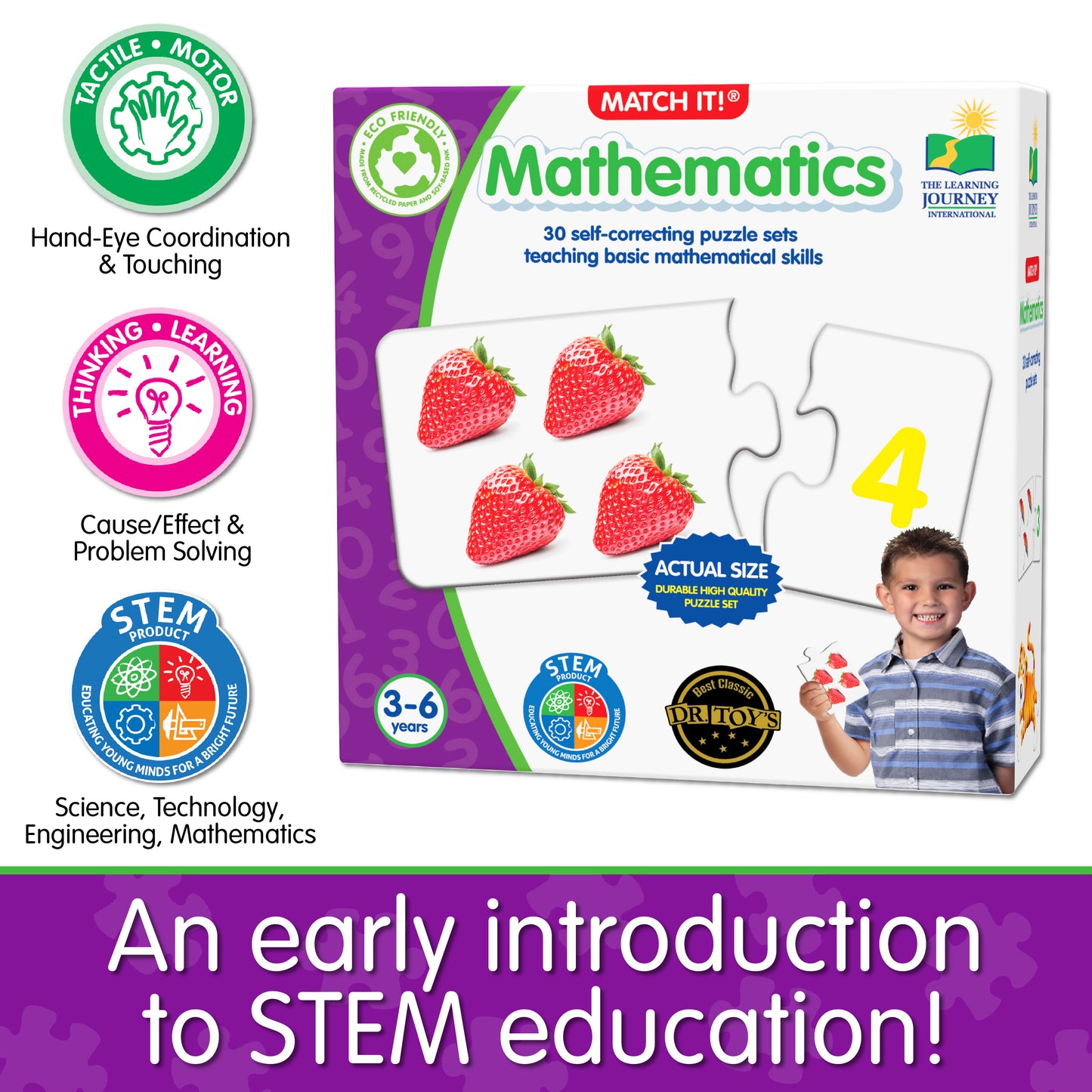 Infographic about Match It - Mathematics' educational benefits that says, "An early introduction to STEM education!"