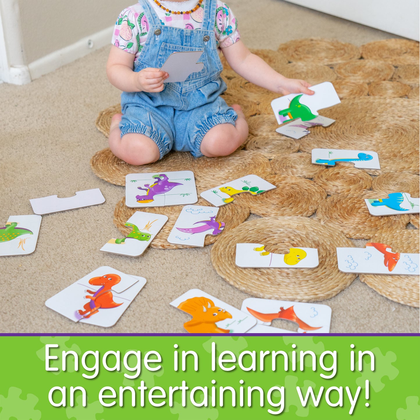 Infographic with little girl playing My First Match It - Dinosaur Friends that says, "Engage in learning in an entertaining way!"