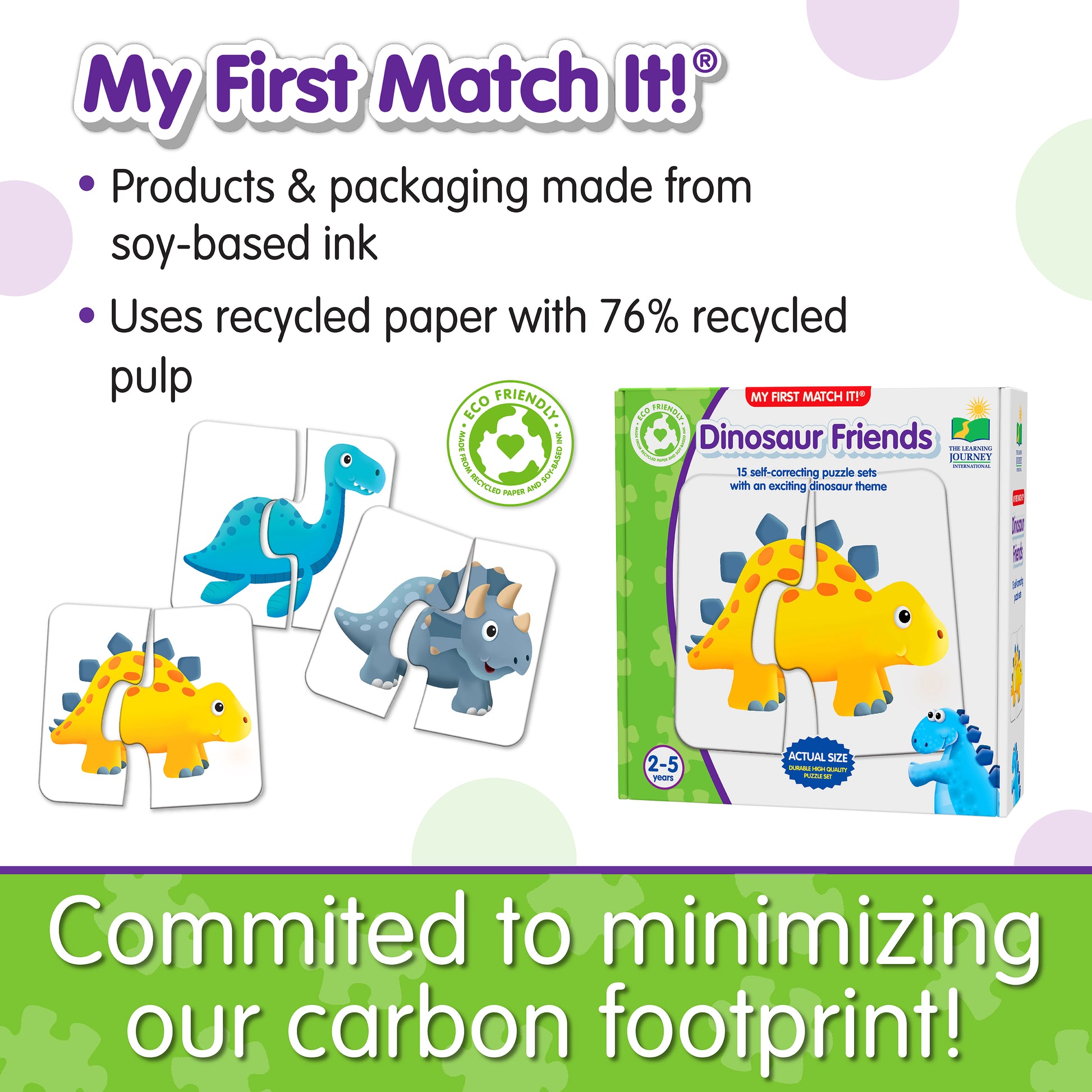 Infographic about My First Match It - Dinosaur Friends' features that says, "Committed to minimizing our carbon footprint!"
