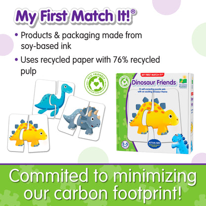 Infographic about My First Match It - Dinosaur Friends' features that says, "Committed to minimizing our carbon footprint!"