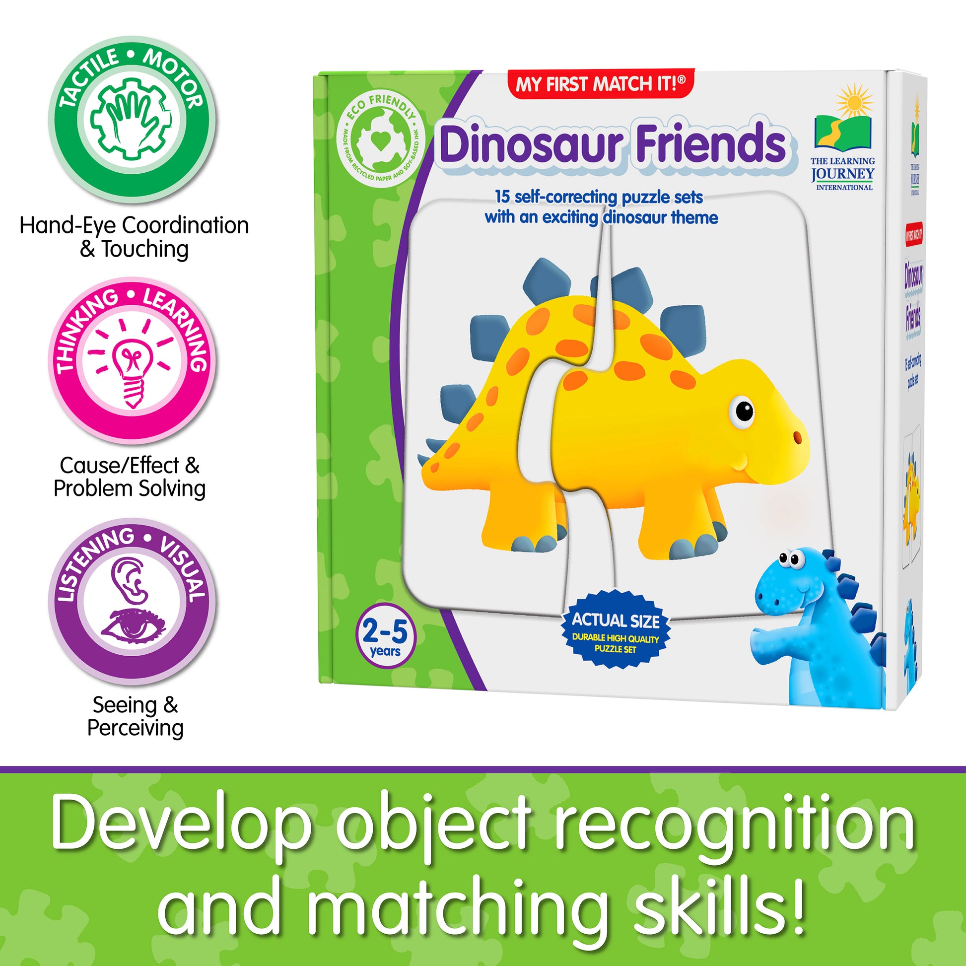 Infographic about My First Match It - Dinosaur Friends' educational benefits that says, "Develop object recognition and matching skills!"