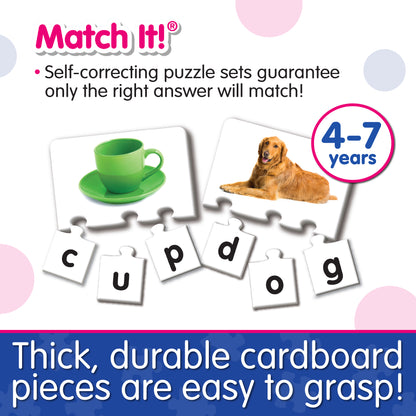 Infographic about Match It - Letters' features that says, "Thick, durable cardboard pieces are easy to grasp!"