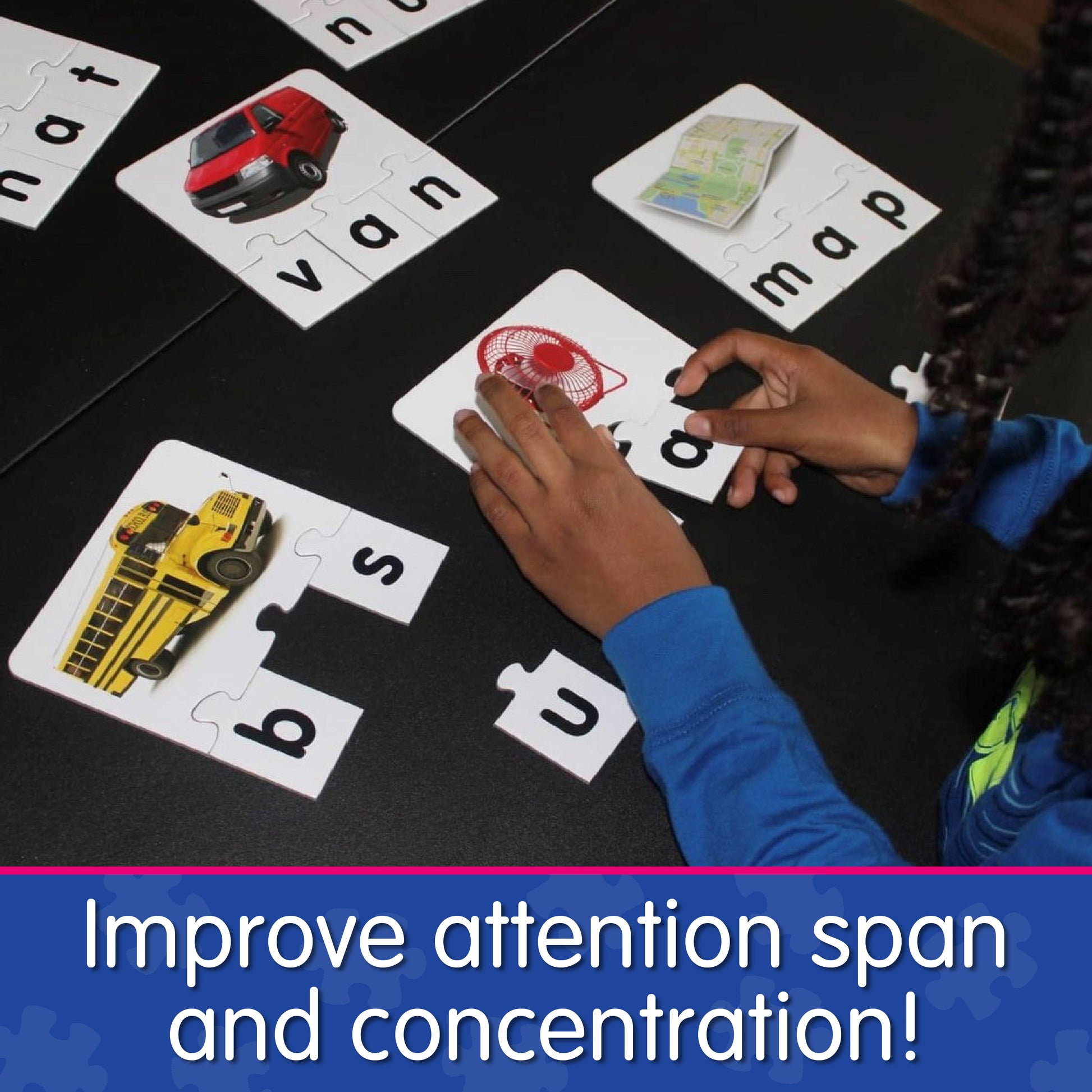 Infographic of young boy playing Match It - Letters that says, "Improve attention span and concentration!"