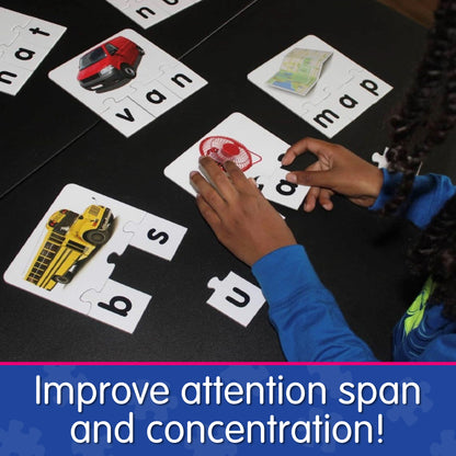 Infographic of young boy playing Match It - Letters that says, "Improve attention span and concentration!"