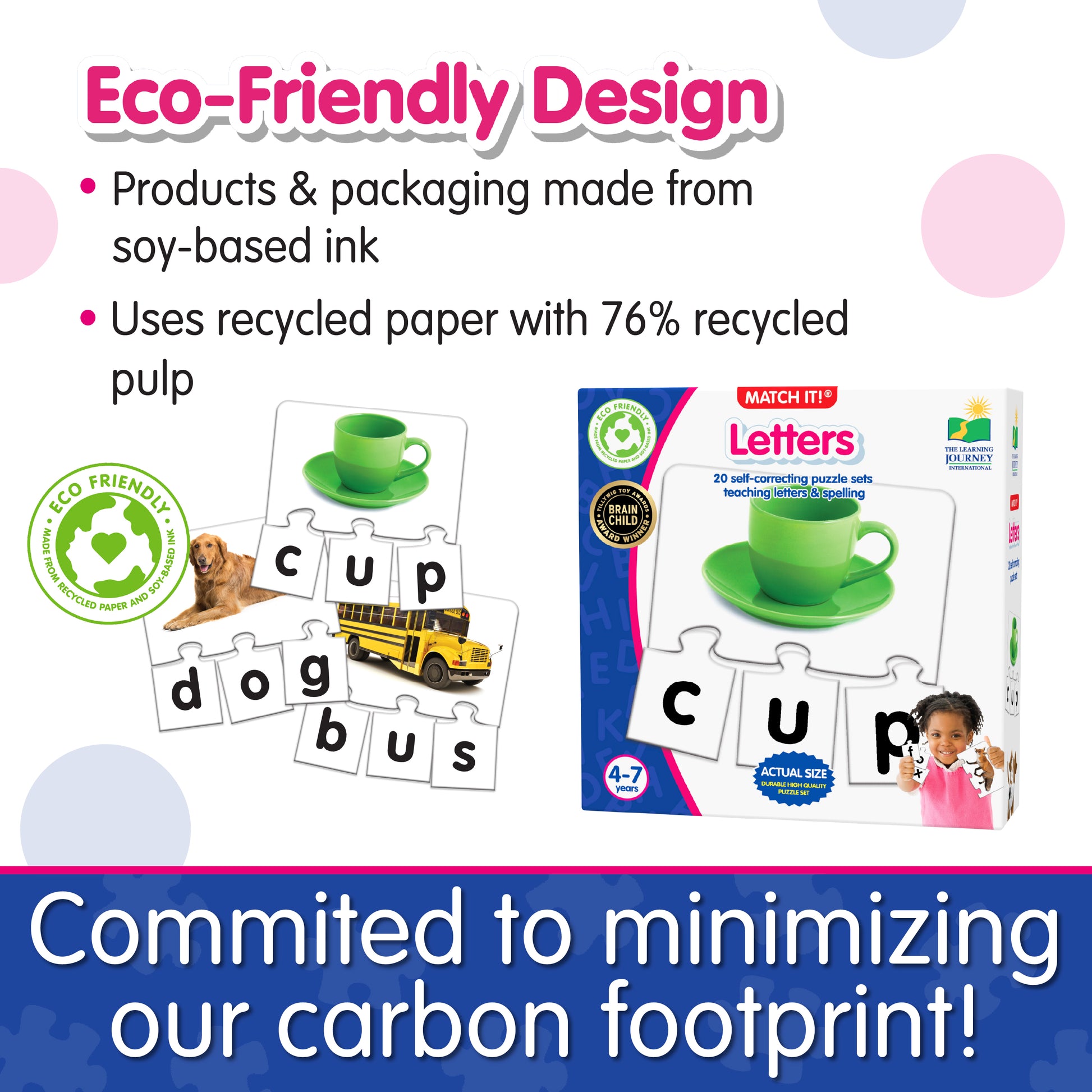 Infographic about Match It - Letters' eco-friendly design that says, "Committed to minimizing our carbon footprint!"