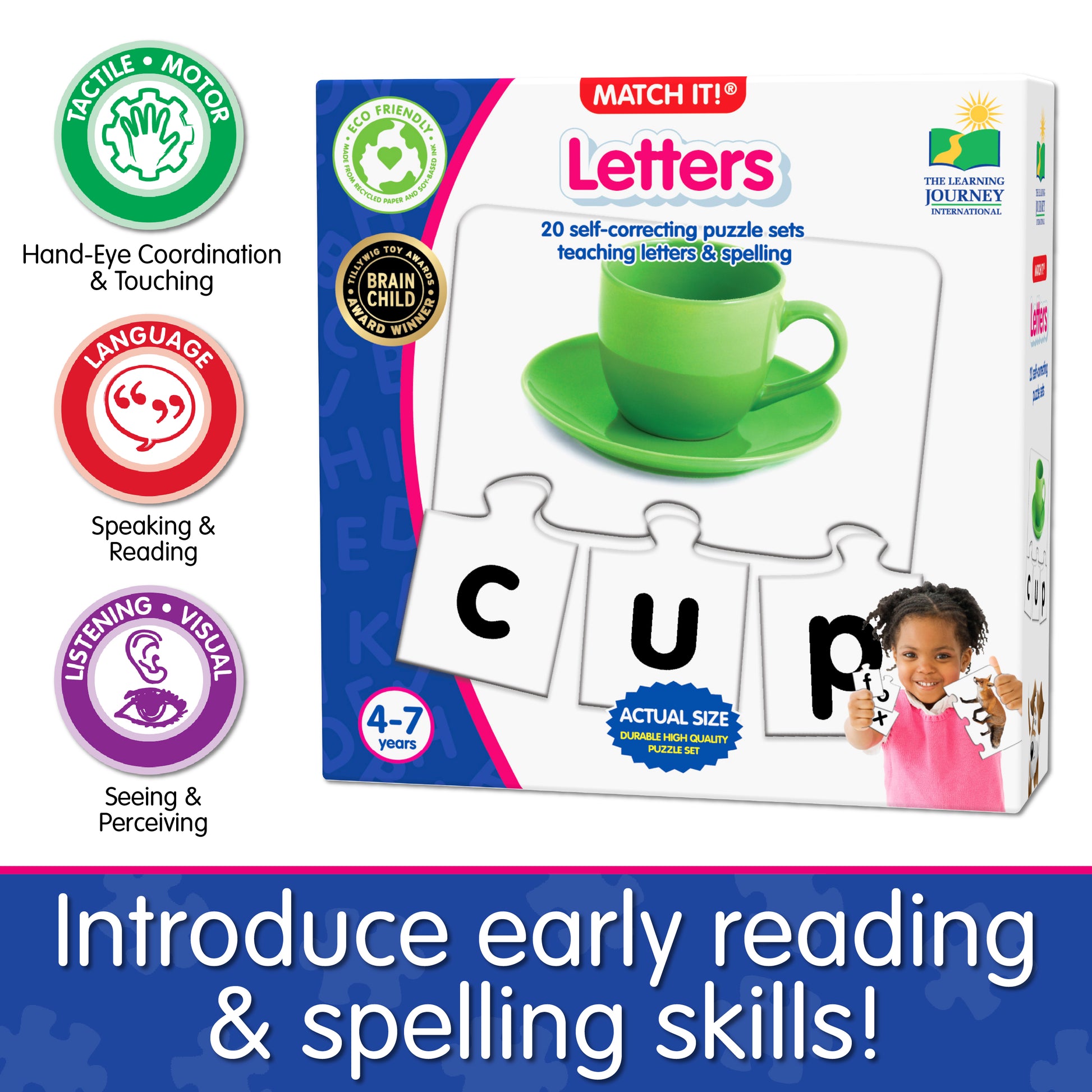 Infographic about Match It - Letters' educational benefits that says, "Introduce early reading skills!"