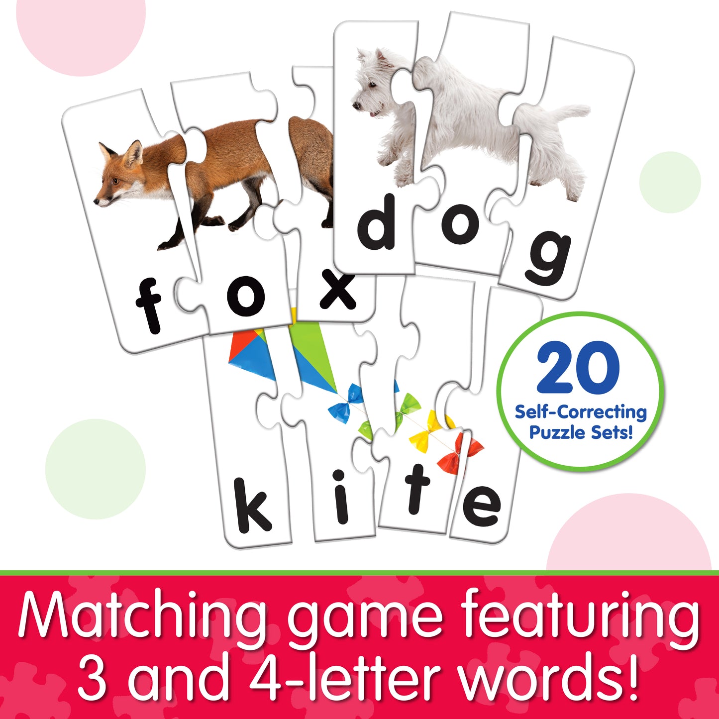 Infographic about Match It - Spelling that says, "Matching game featuring 3 and 4-letter words!"