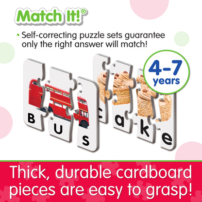 Infographic about Match It - Spelling's features that says, "Thick, durable cardboard pieces are easy to grasp!"