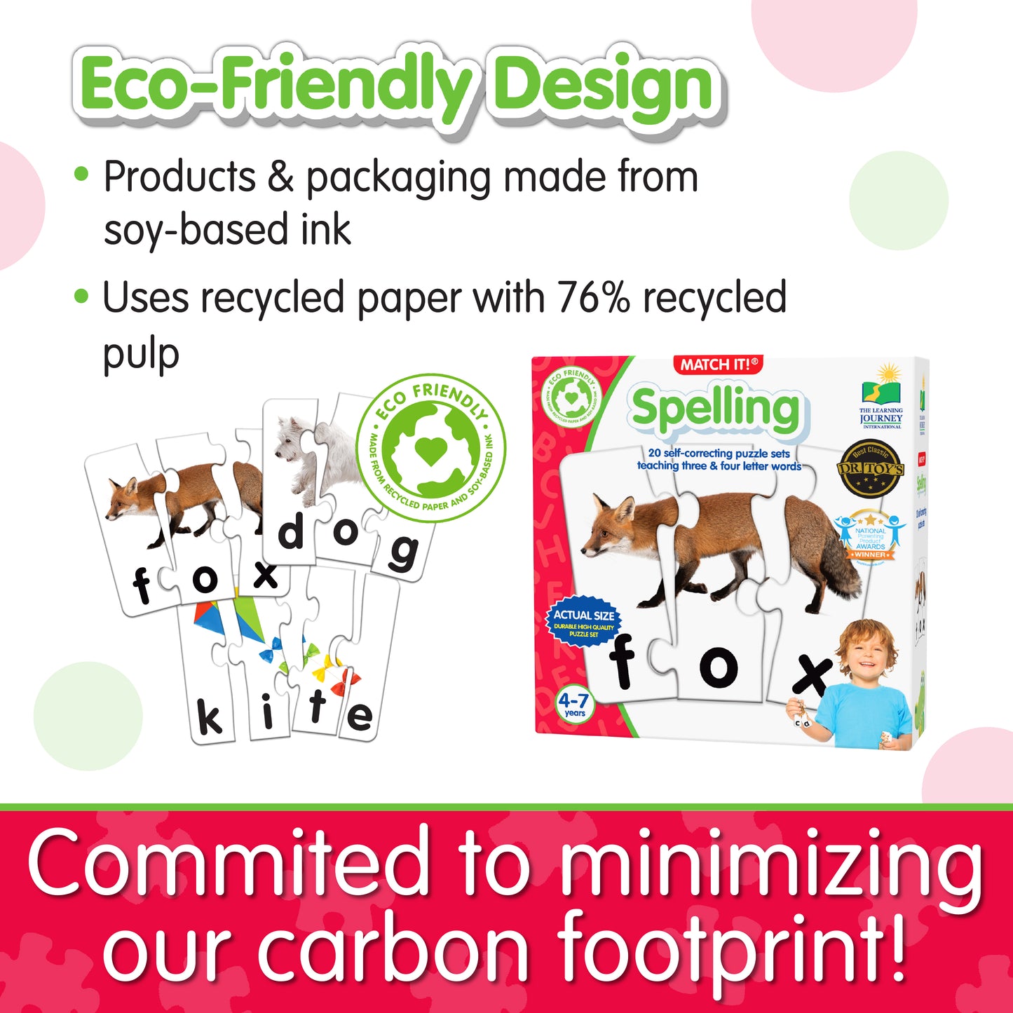 Infographic about Match It - Spelling's eco-friendly design that says, "Committed to minimizing our carbon footprint!"