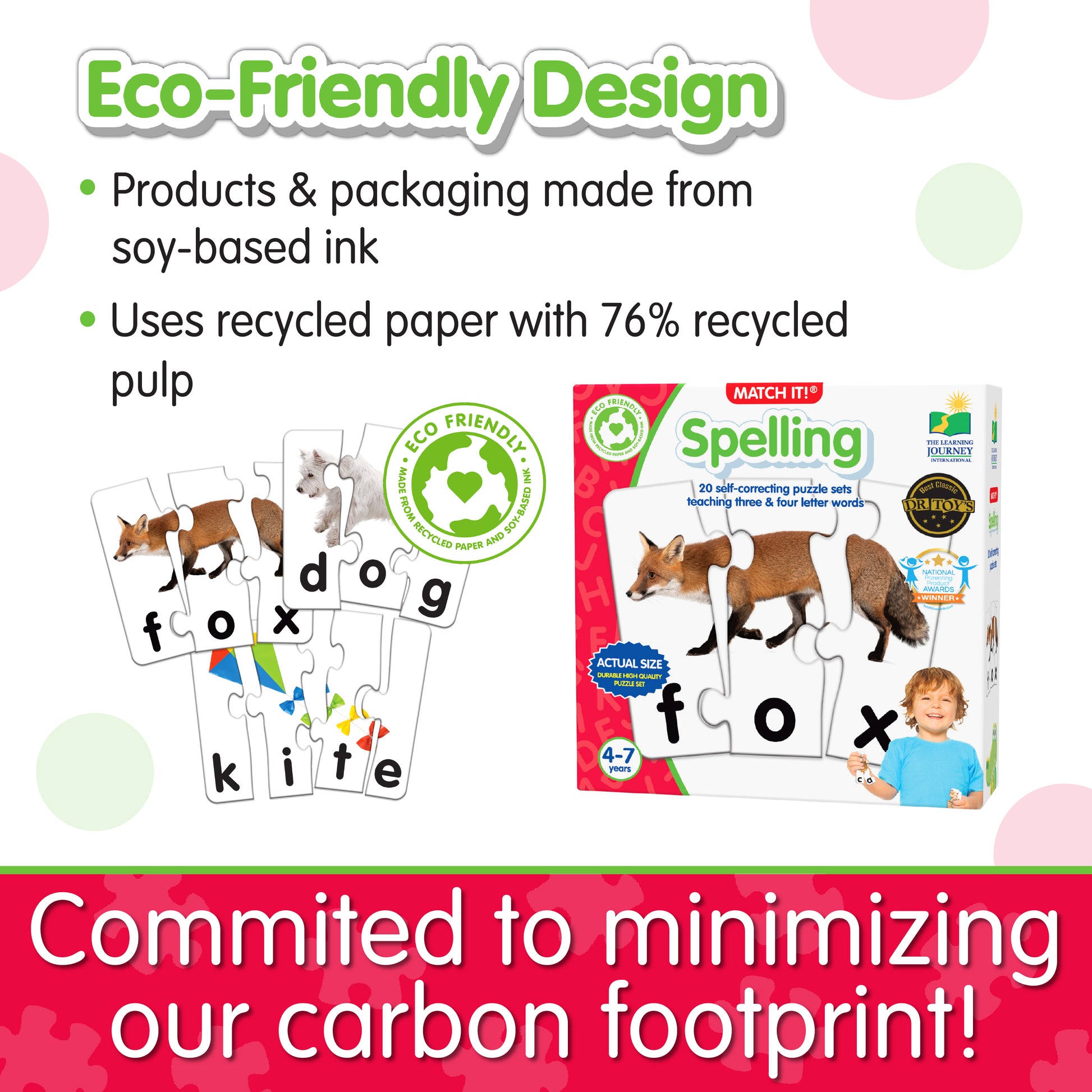 Infographic about Match It - Spelling's eco-friendly design that says, "Committed to minimizing our carbon footprint!"