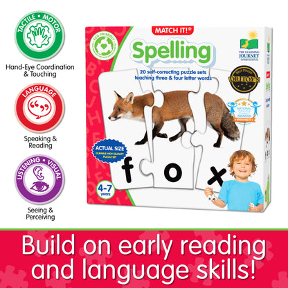 Infographic about Match It - Spelling's educational benefits that says, "Build on early reading and language skills!"