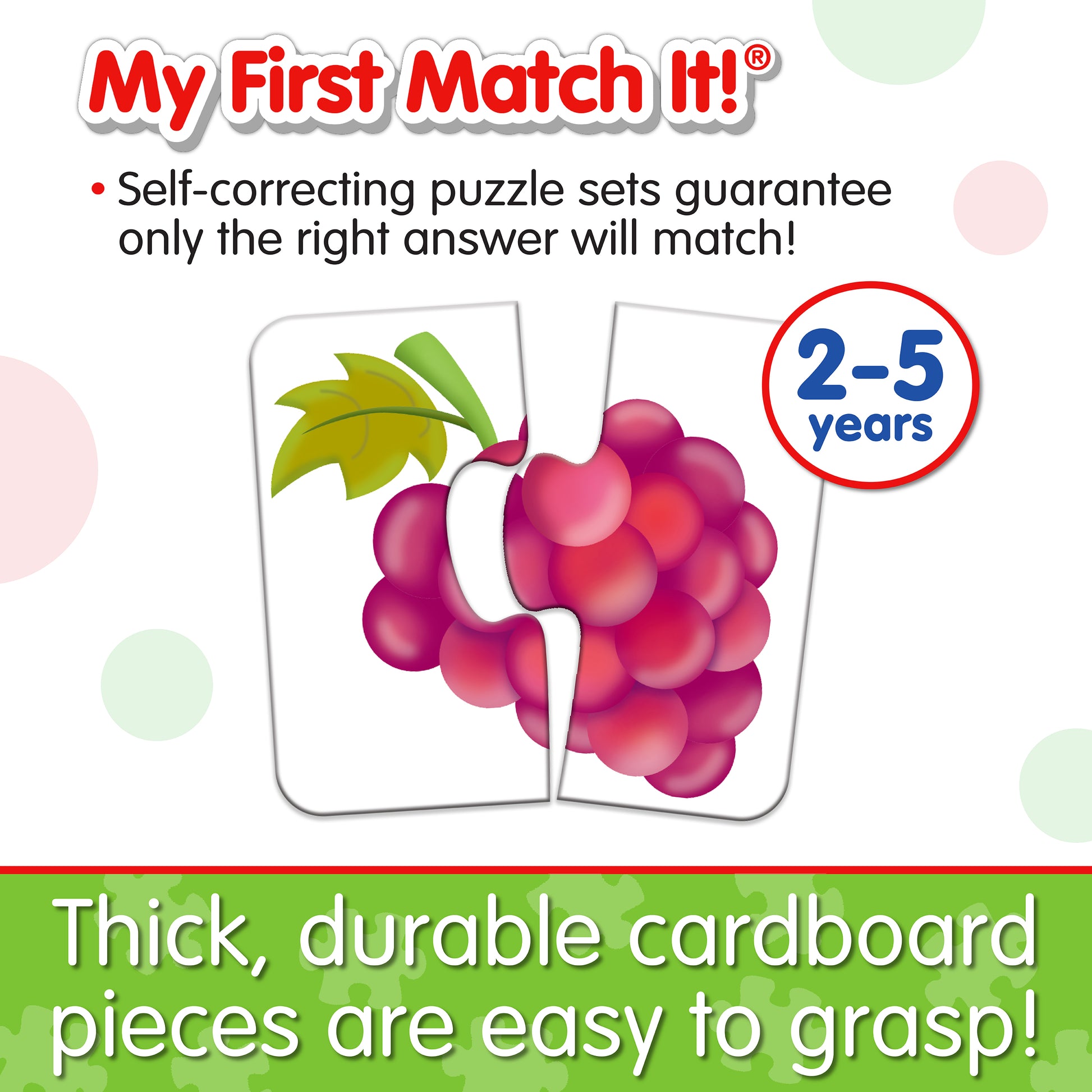Infographic about My First Match It - Things I Eat's features that says, "Thick, durable cardboard pieces are easy to grasp!"
