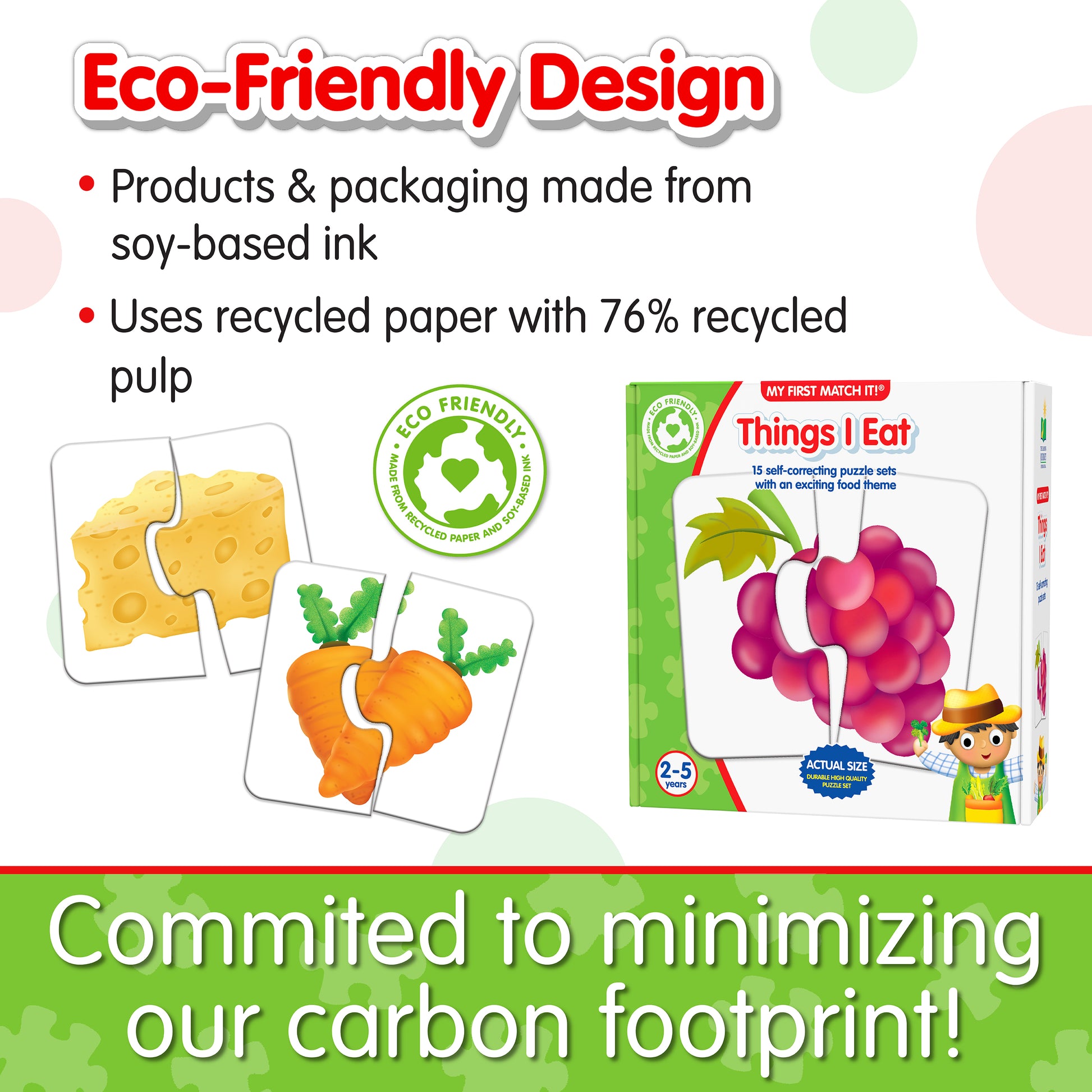 Infographic about My First Match It - Things I Eat's eco-friendly design that says, "Committed to minimizing our carbon footprint!"