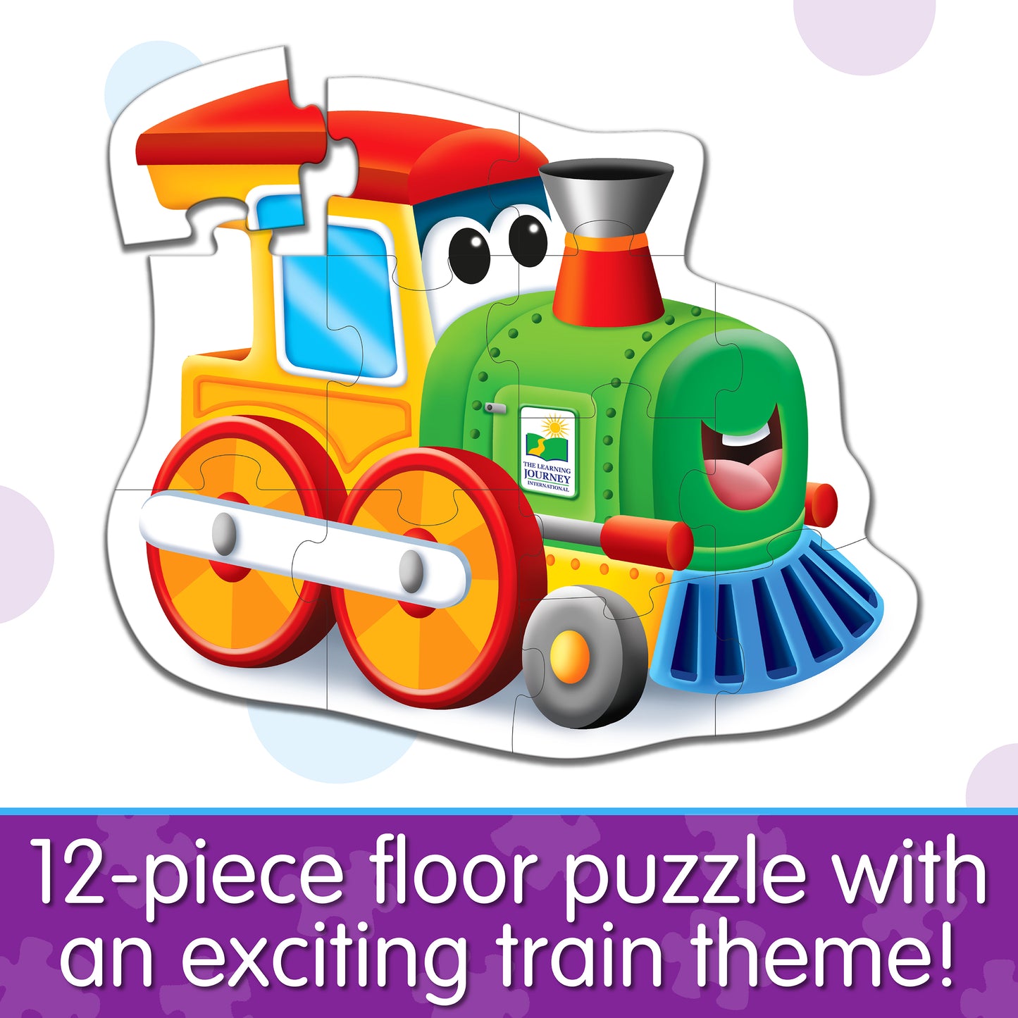Infographic about My First Big Puzzle - Train that says, "12-piece floor puzzle with an exciting train theme!"