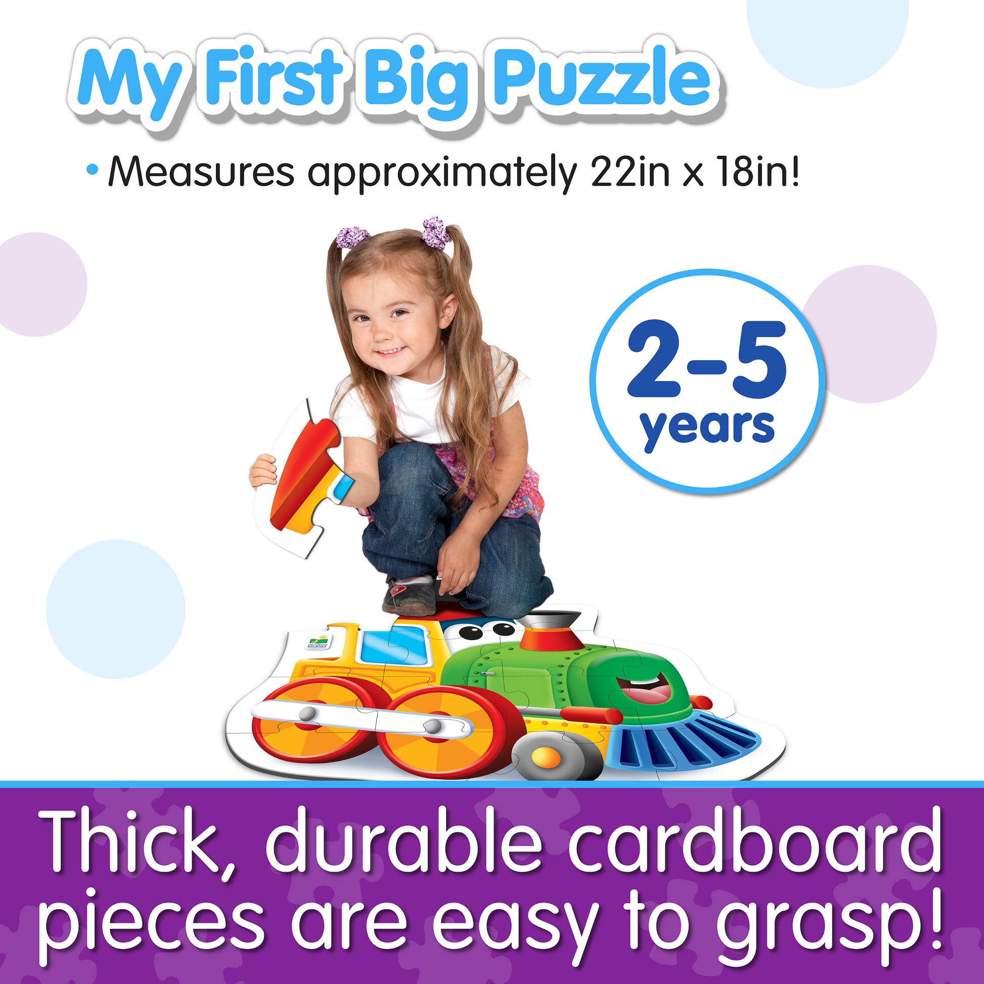 Infographic about My First Big Puzzle - Train's features that says, "Thick, durable cardboard pieces are easy to grasp!"