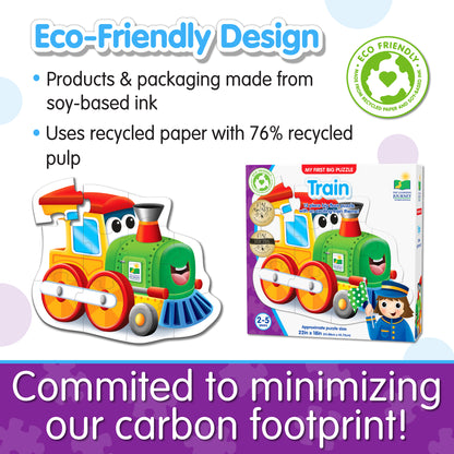 Infographic about My First Big Puzzle - Train's eco-friendly design that says, "Committed to minimizing our carbon footprint!"