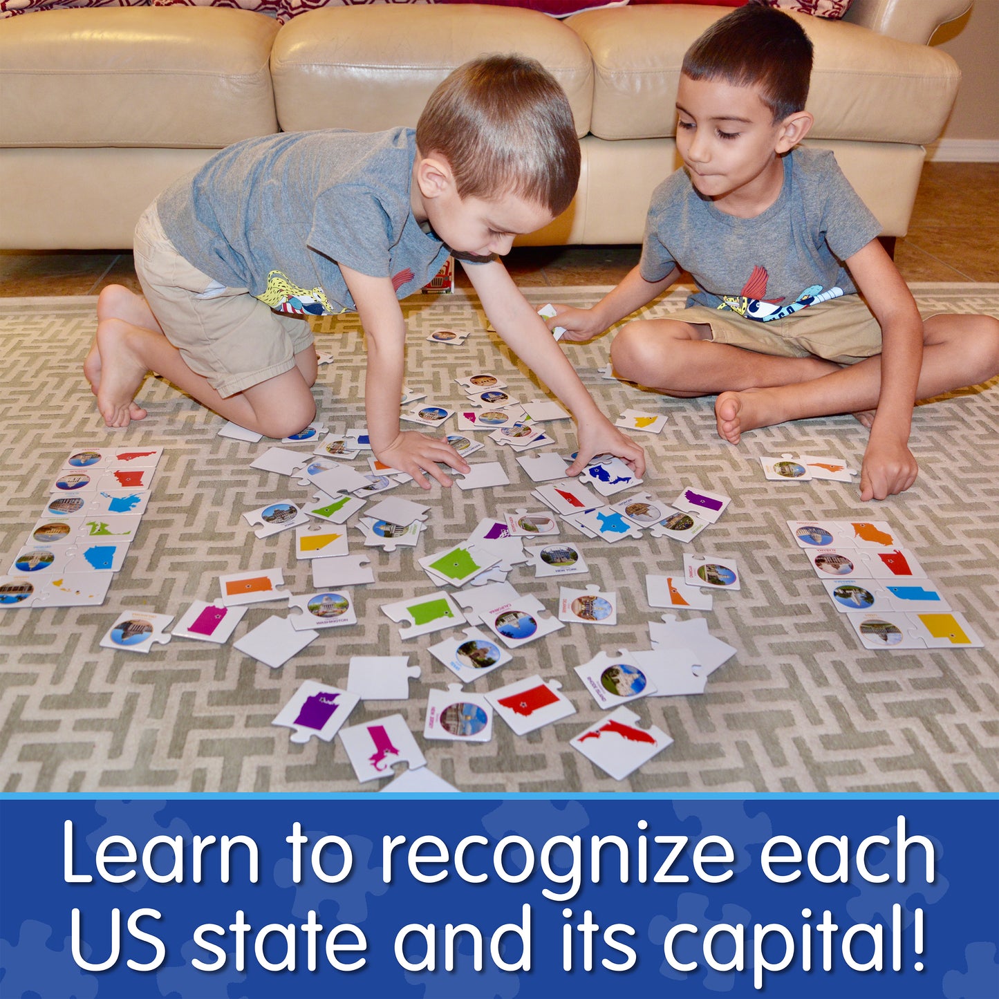Infographic two young boys playing Match It - States and Capitals that says, "Learn to recognize each US state and its capital!"