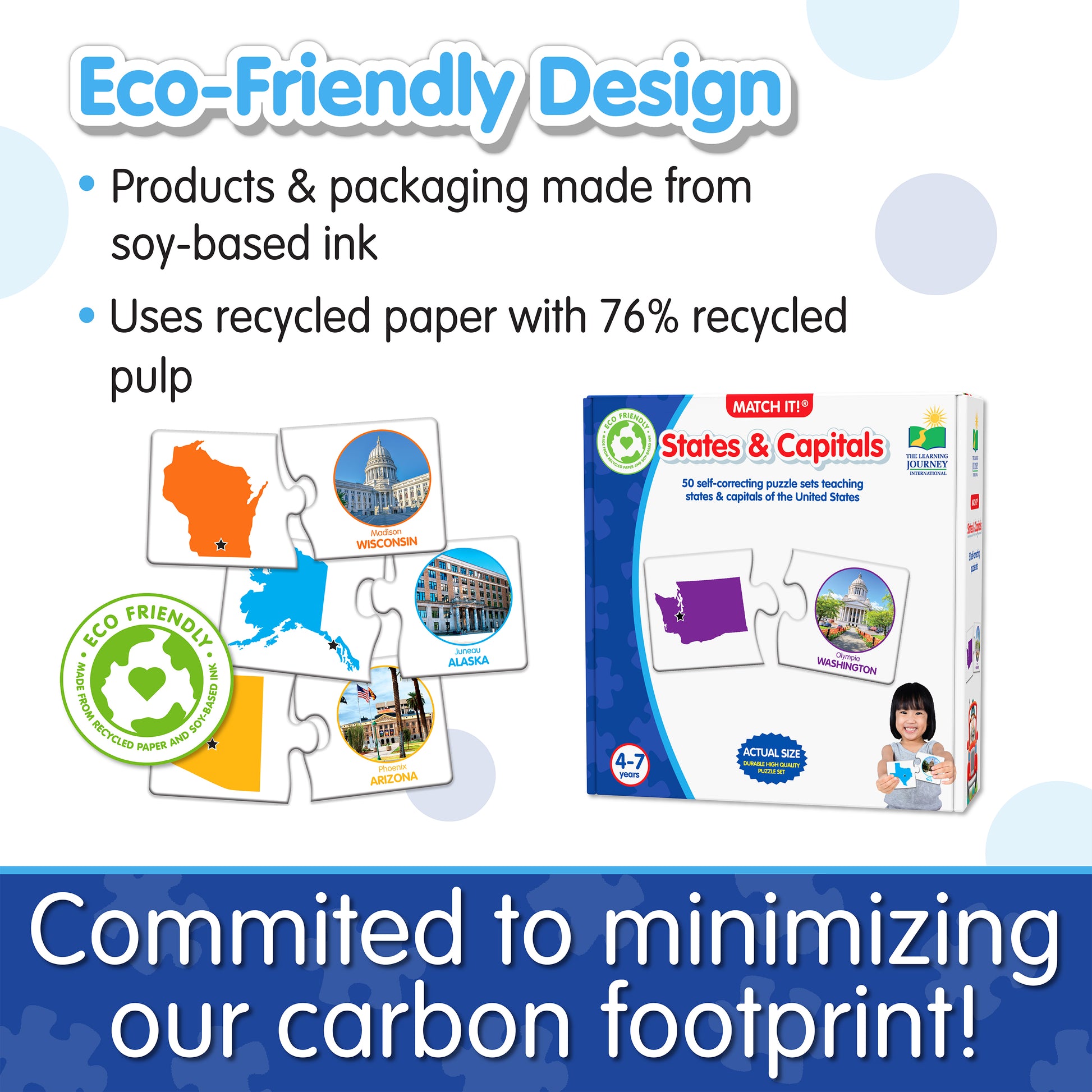 Infographic about Match It - States and Capitals' eco-friendly design that says, "Committed to minimizing our carbon footprint!"