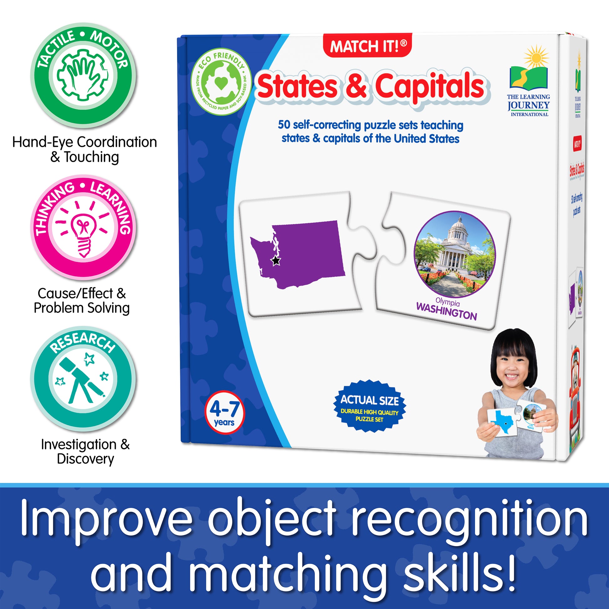 Infographic about Match It - States and Capitals' educational benefits that says, "Improve object recognition and matching skills!"