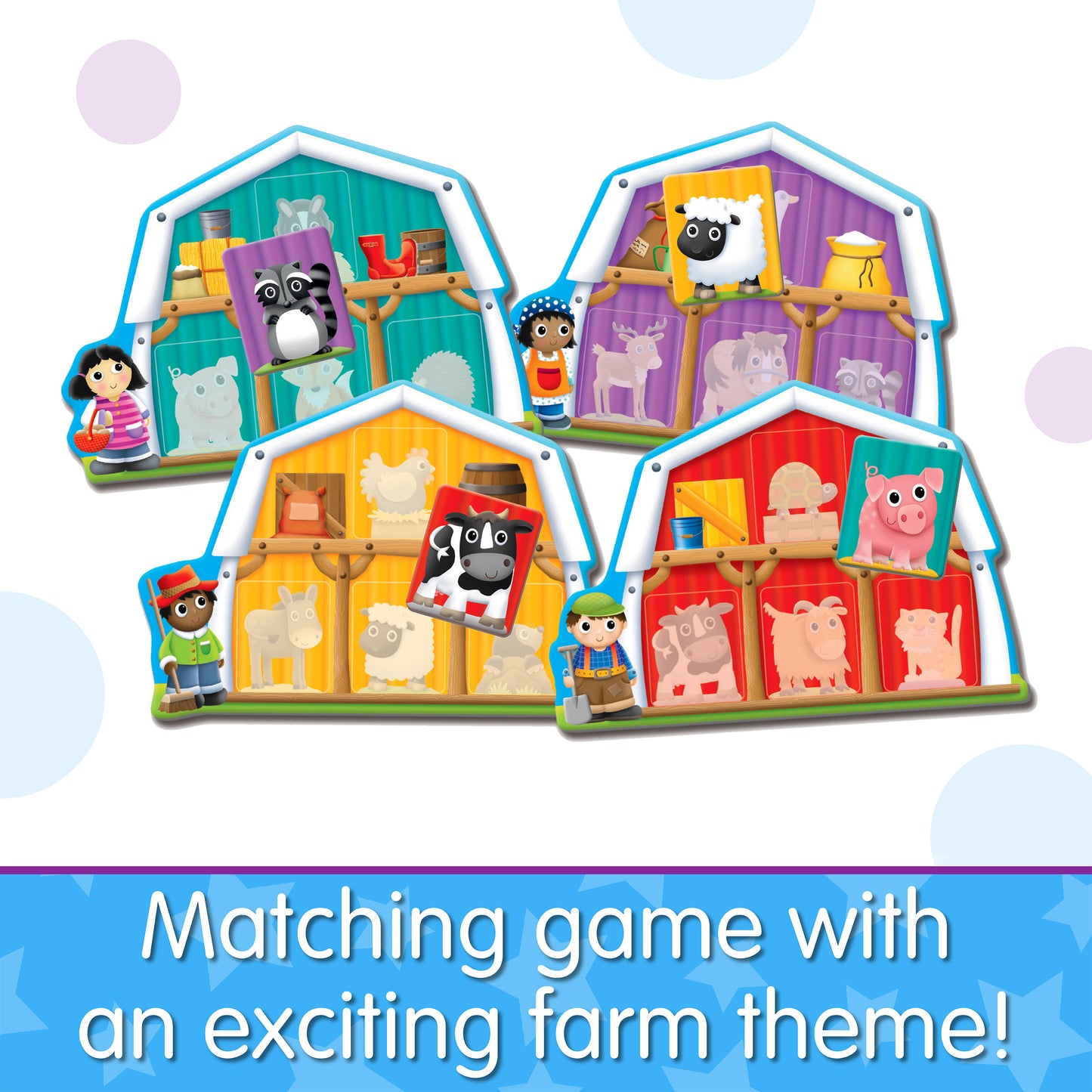 Infographic about My First Play It - Animal Match that says, "Matching game with an exciting farm theme!"