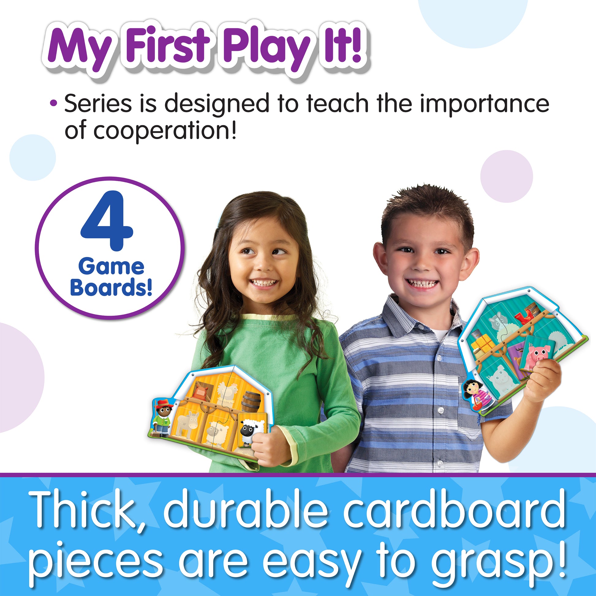 Infographic about My First Play It - Animal Match's features that says, "Thick, durable cardboard pieces are easy to grasp!"