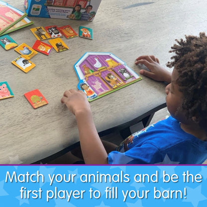 Infographic with little boy playing My First Play It - Animal Match that says, "Match your animals and be the first player to fill your barn!"