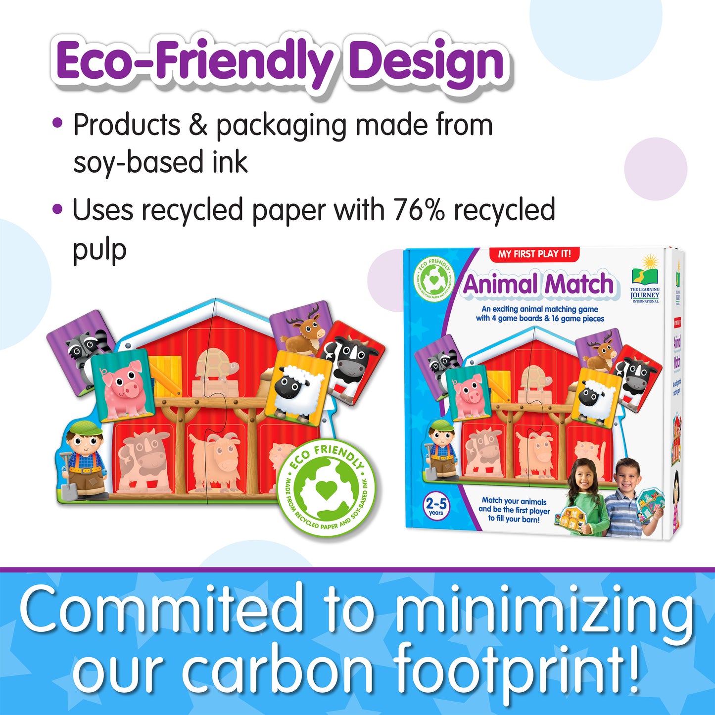 Infographic about My First Play It - Animal Match's eco-friendly design that says, "Committed to minimizing our carbon footprint!"