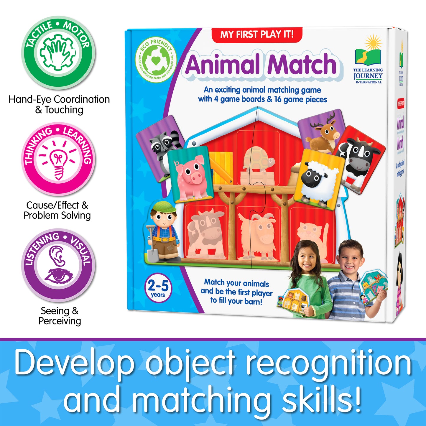 Infographic about My First Play It - Animal Match's educational benefits that says, "Develop object recognition and matching skills!"