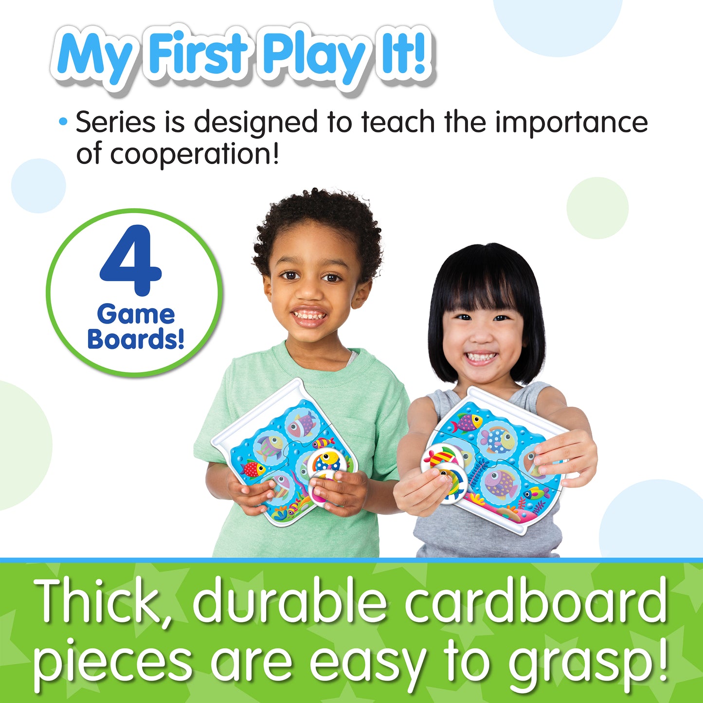 Infographic about My First Play It - Match My Fish's features that says, "Thick, durable cardboard pieces are easy to grasp!"