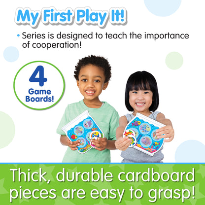 Infographic about My First Play It - Match My Fish's features that says, "Thick, durable cardboard pieces are easy to grasp!"