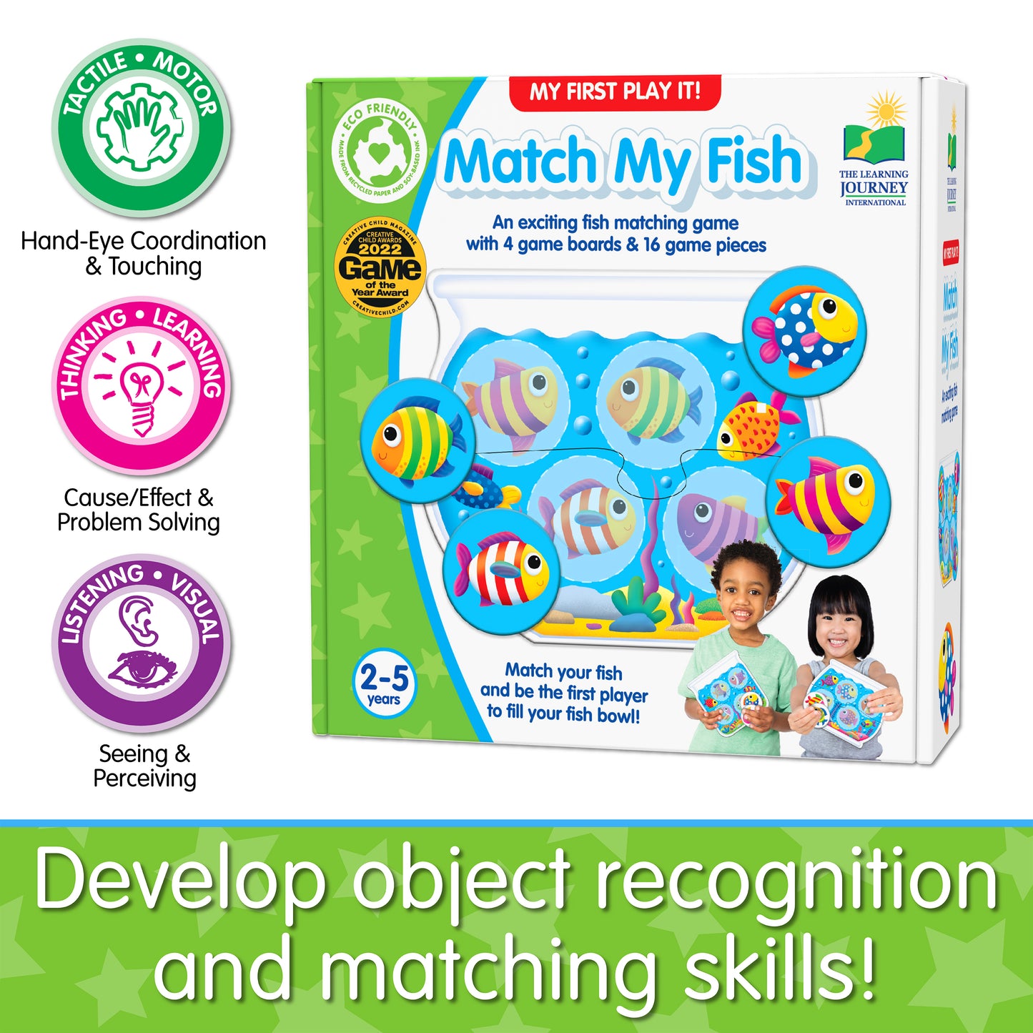 Infographic about My First Play It - Match My Fish's educational benefits that says, "Develop object recognition and matching skills!"