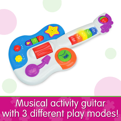 Infographic about Little Rock Star Guitar that says, Musical activity guitar with 3 different play modes!"