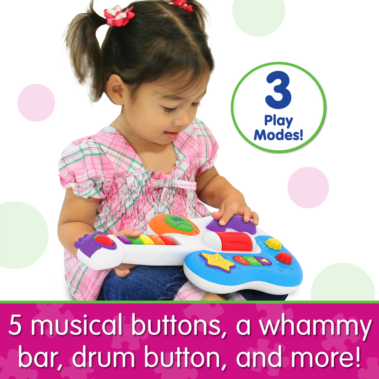 Infographic of little girl playing with Little Rock Star Guitar that says, "5 musical buttons, a whammy bar, drum button, and more!"