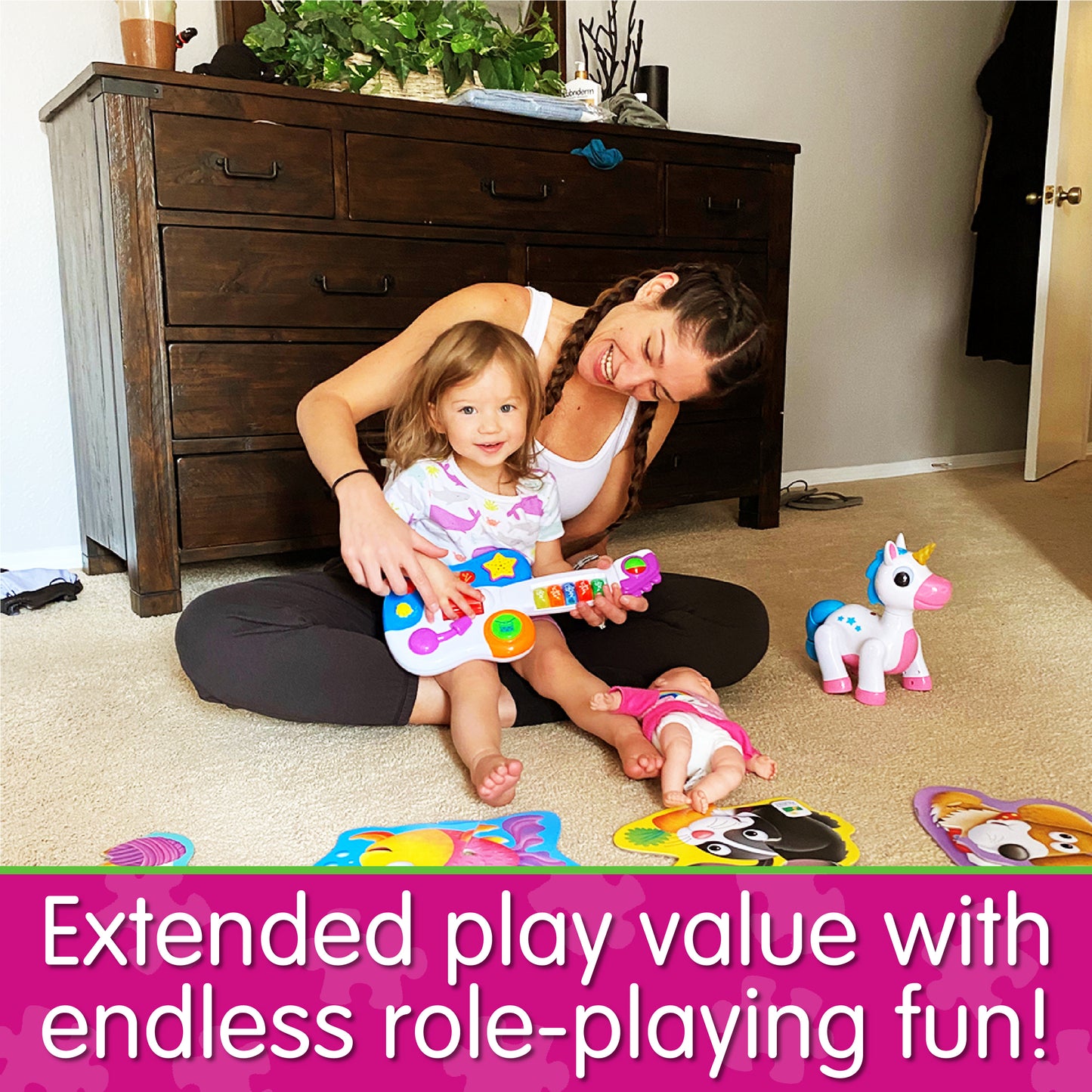 Infographic of mom and young daughter playing with Little Rock Star Guitar that says "Extended play value with endless role-playing fun!"