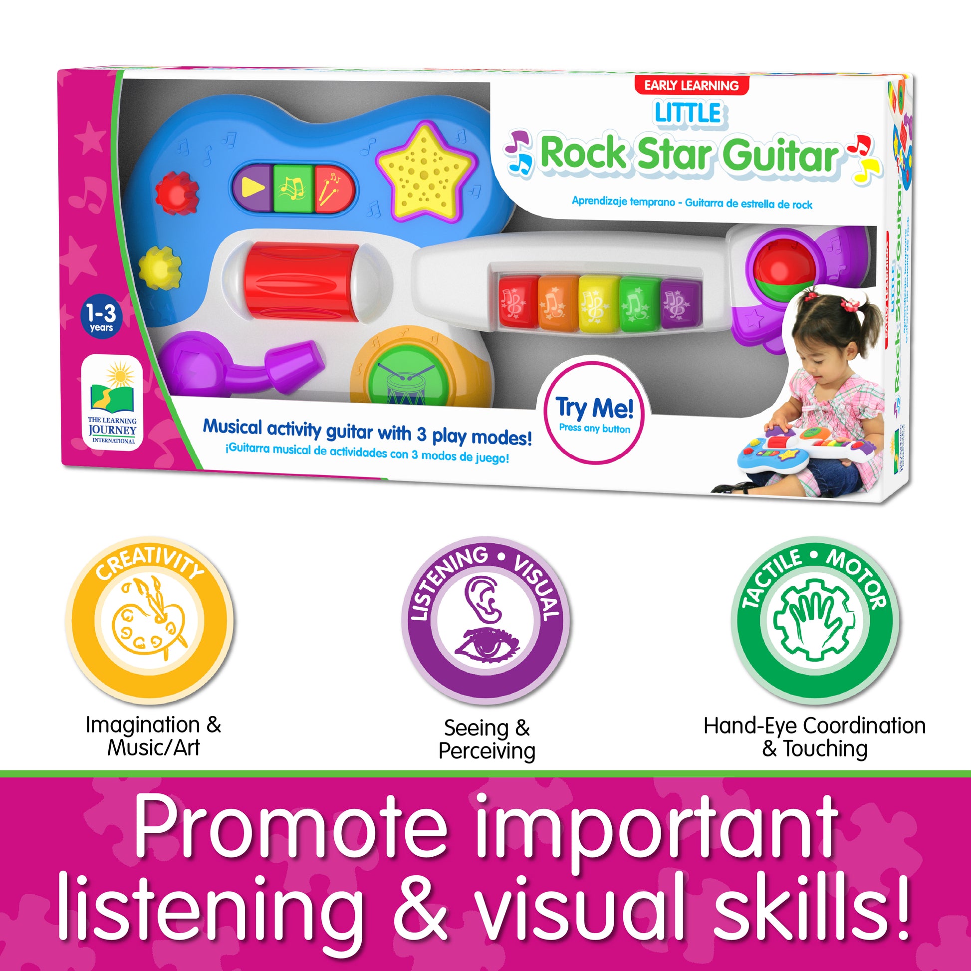 Infographic with Little Rock Star Guitar's educational benefits that says, "Promote important listening and visual skills!"