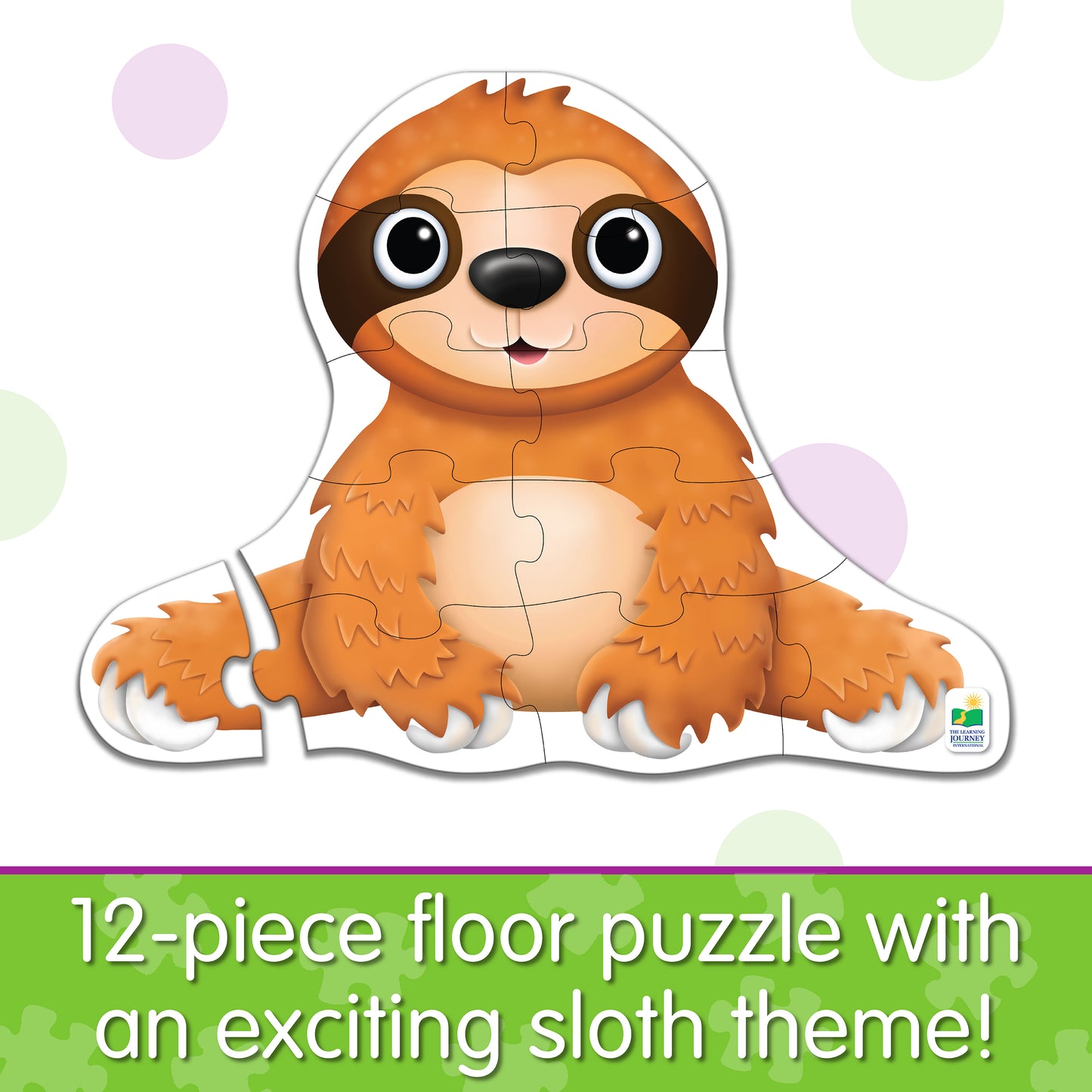 Infographic about My First Big Puzzle - Sleepy Sloth that says, "12-piece floor puzzle with an exciting sloth theme!"